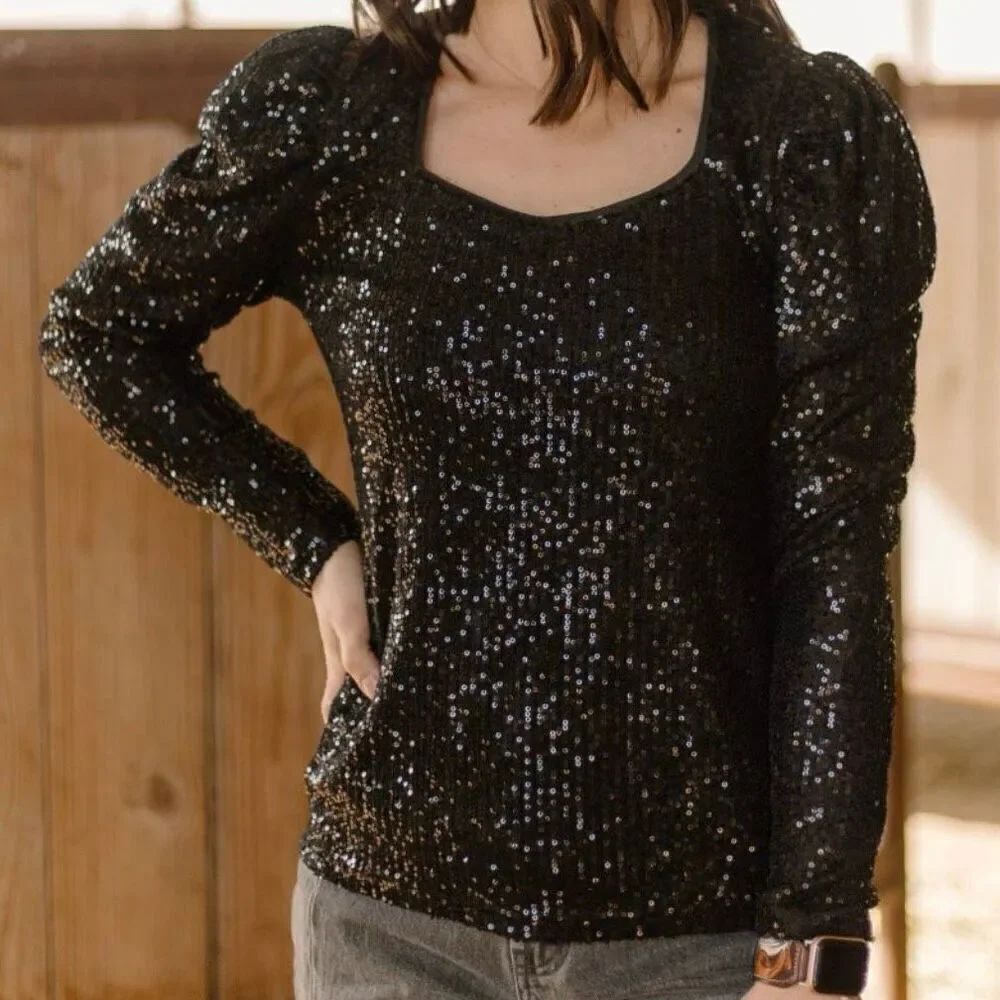 Western Bubble Bling Babe Sparkle Sequin Long Sleeve Black Top New - Picture 5 of 10
